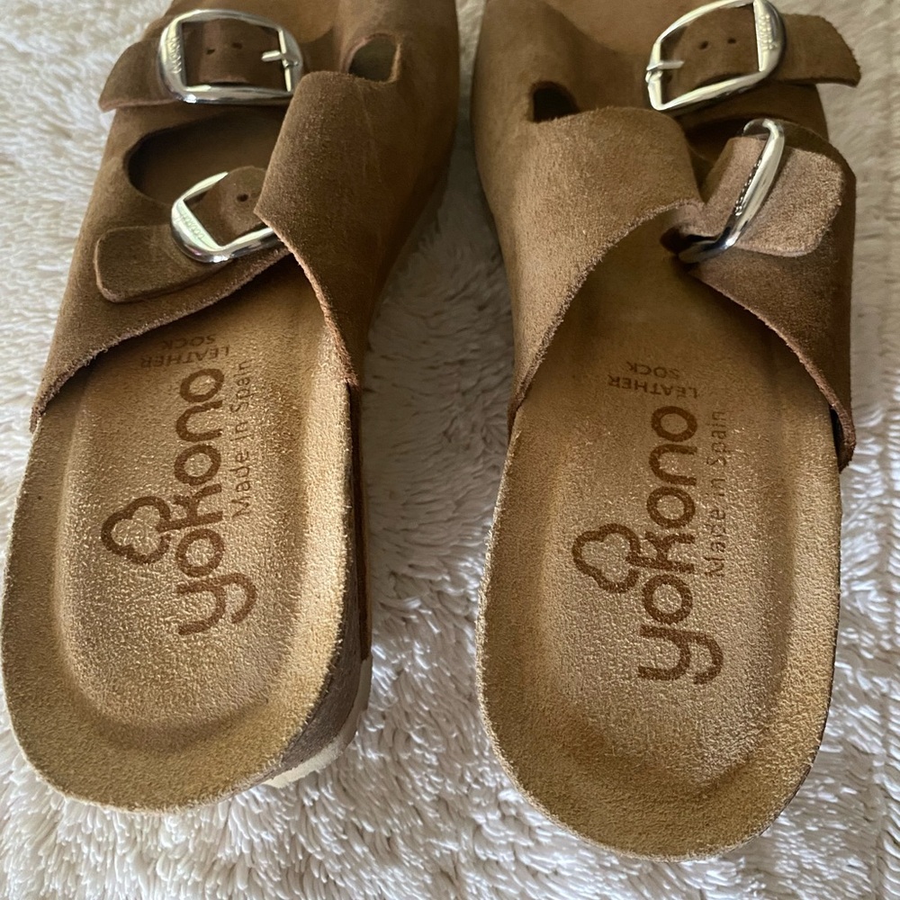 Yokono Brown Suede Double-Buckle Women's Slide Sandals